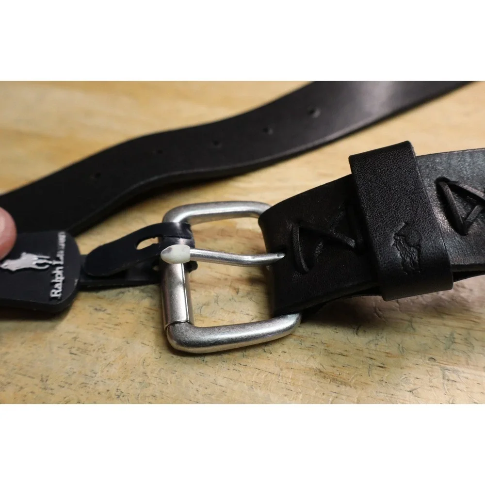 Polo Ralph Lauren Pony Logo Metal Buckle Saddle Leather Belt Black Size 38